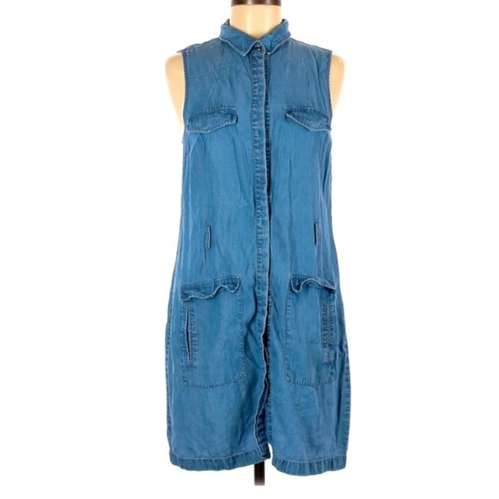 CeCe 6 blue chambray denim‎ button up sleeveless drawstring waist shirt dress